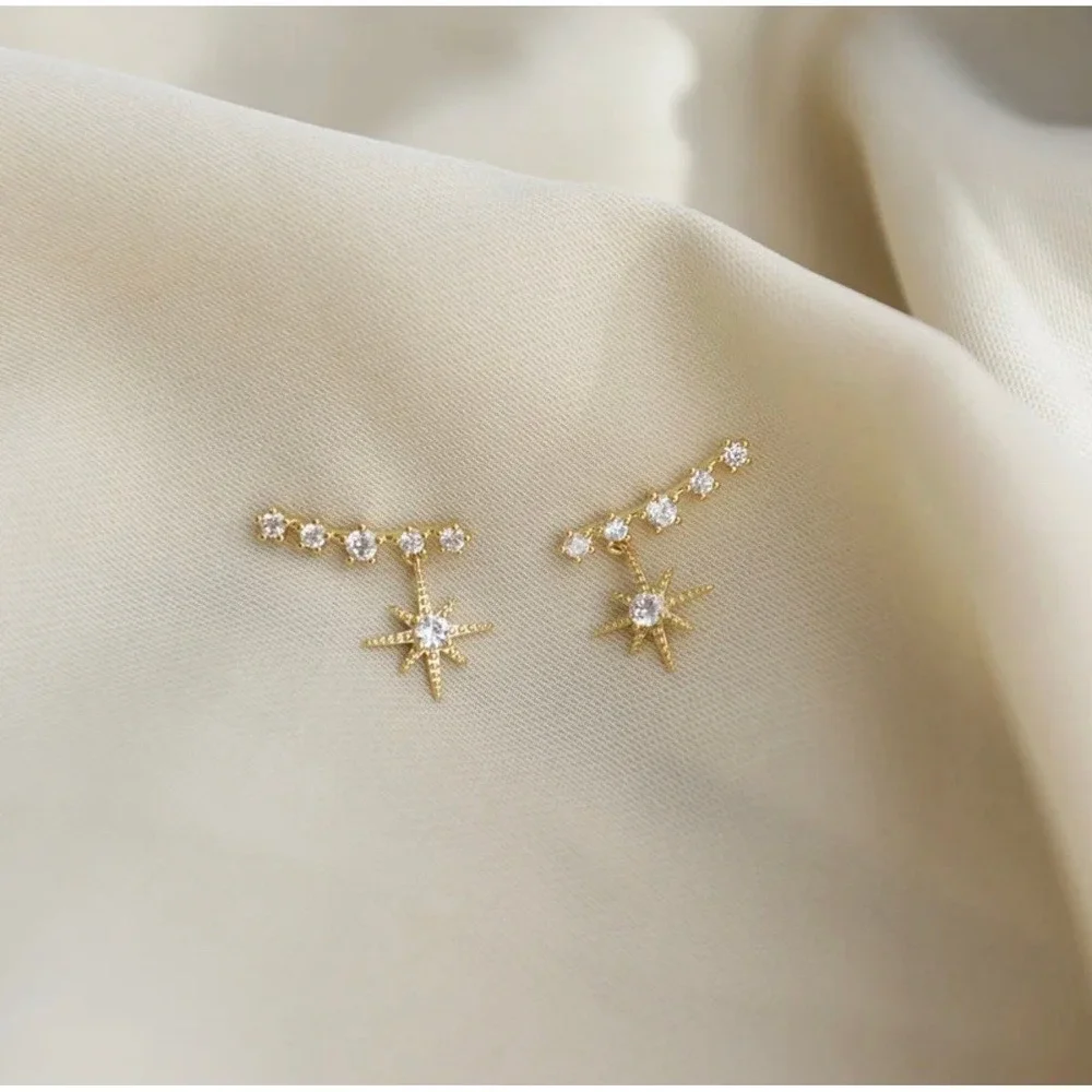 Gold Starburst CZ Drop Earrings‎ Dainty Celestial Earrings New